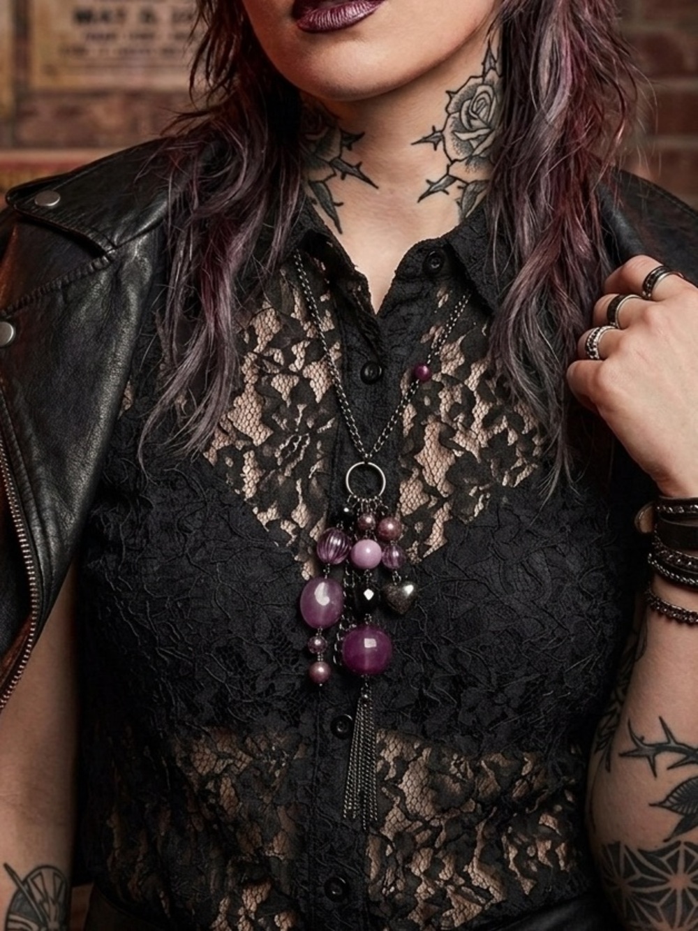 Gunmetal Long Chain Necklace with Purple Beads 40”